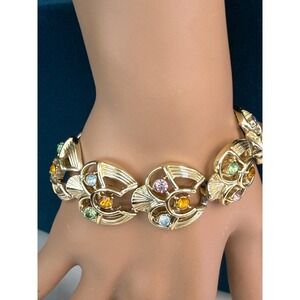 Vintage Signed Coro Script bracelet pastel rhinestones gold tone MCM